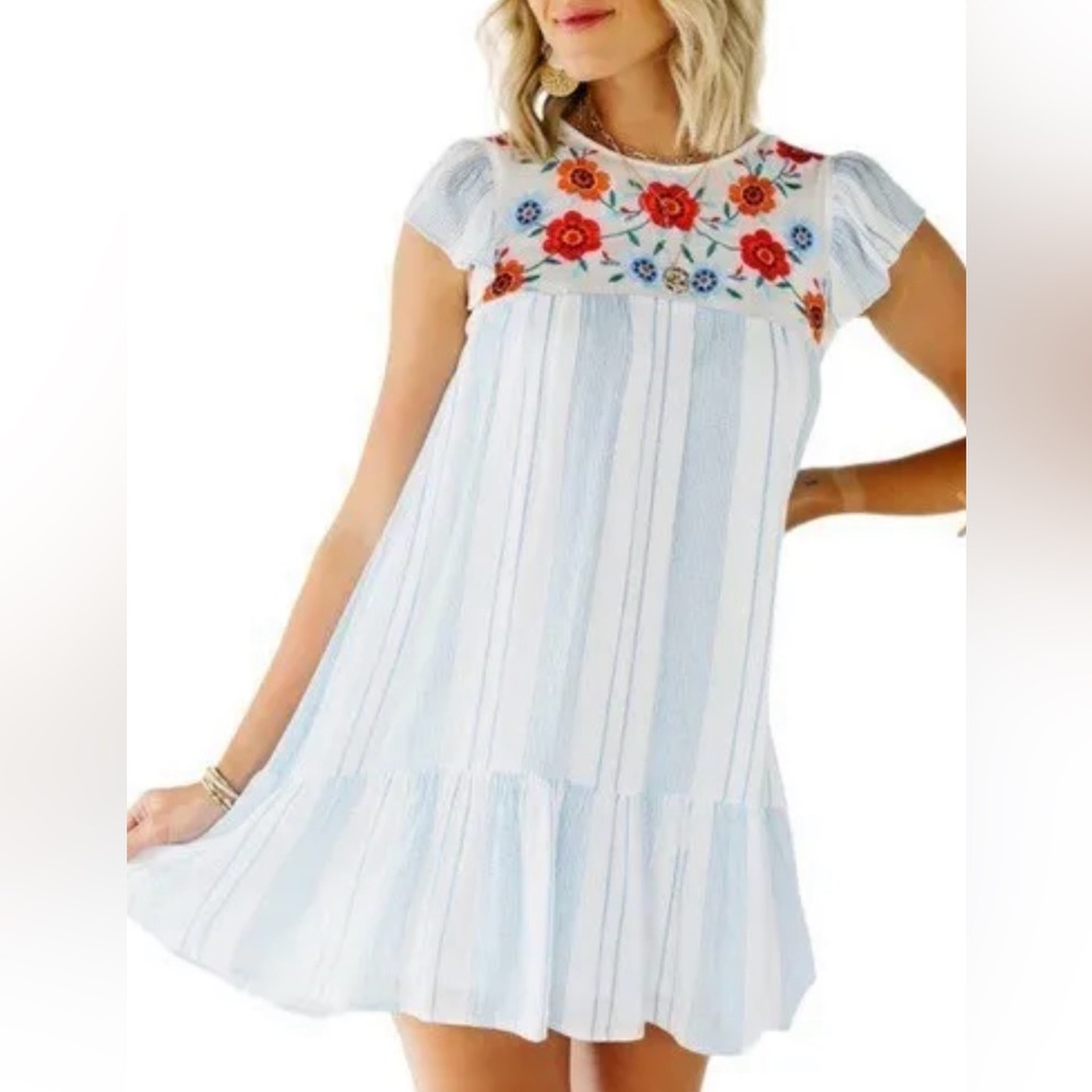 Adorable By the Rive  blue and white striped embroidered short sleeve dress
